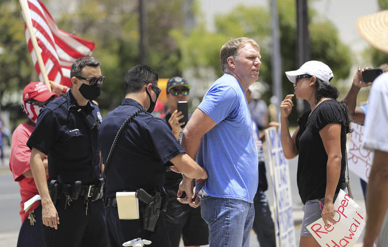 Star Advertiser: Police arrest 3 protesters, cite another 5 at ‘reopen Hawaii’ rally in front of State Capitol